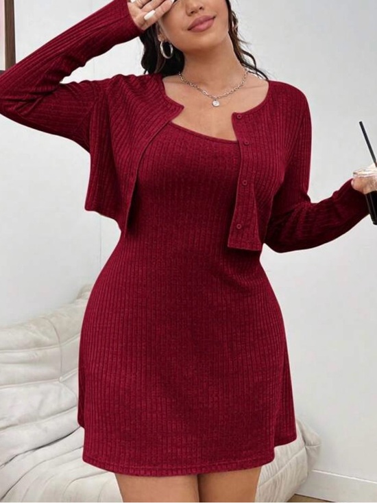 Red Ribbed Knit Two-Piece Mini Dress Set - Picture 1 of 5